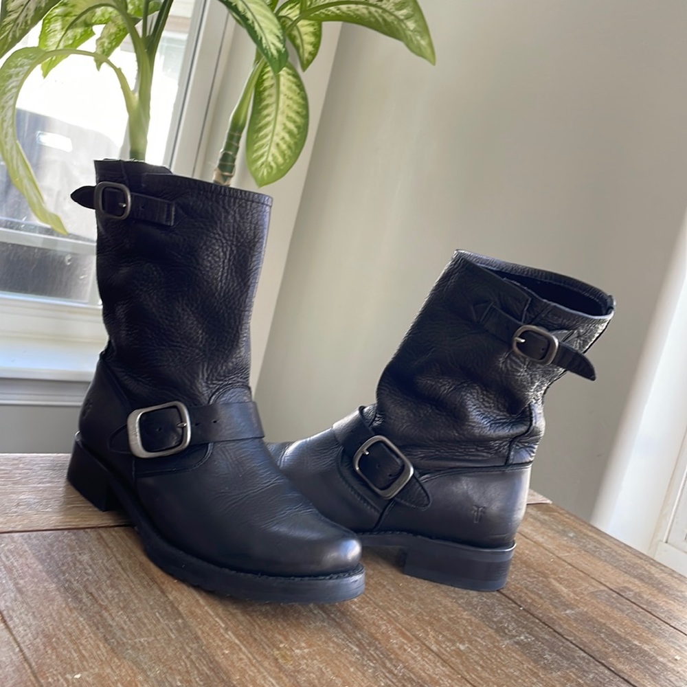Frye Black Leather Engineer Combat Boots